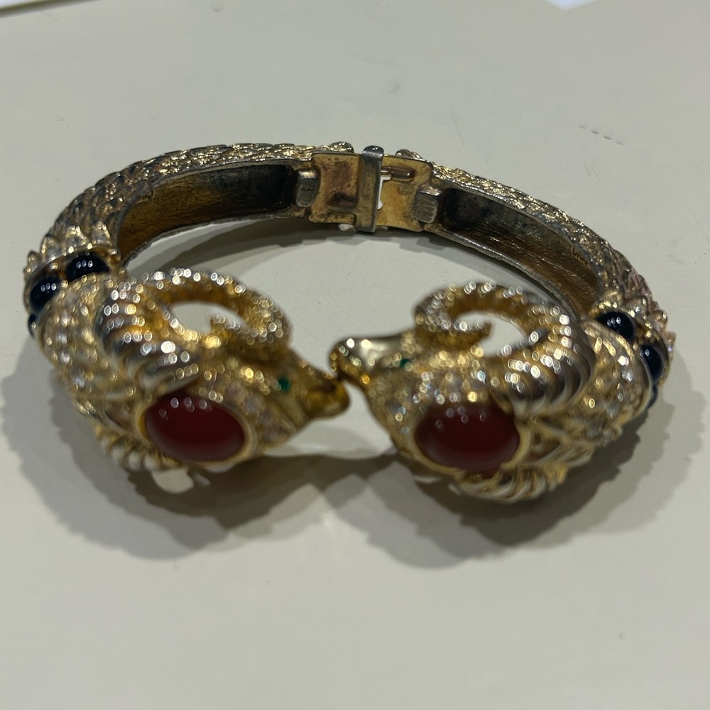Vintage Craft Ram’s Head Gold and Red Cabochon Hinged Bracelet